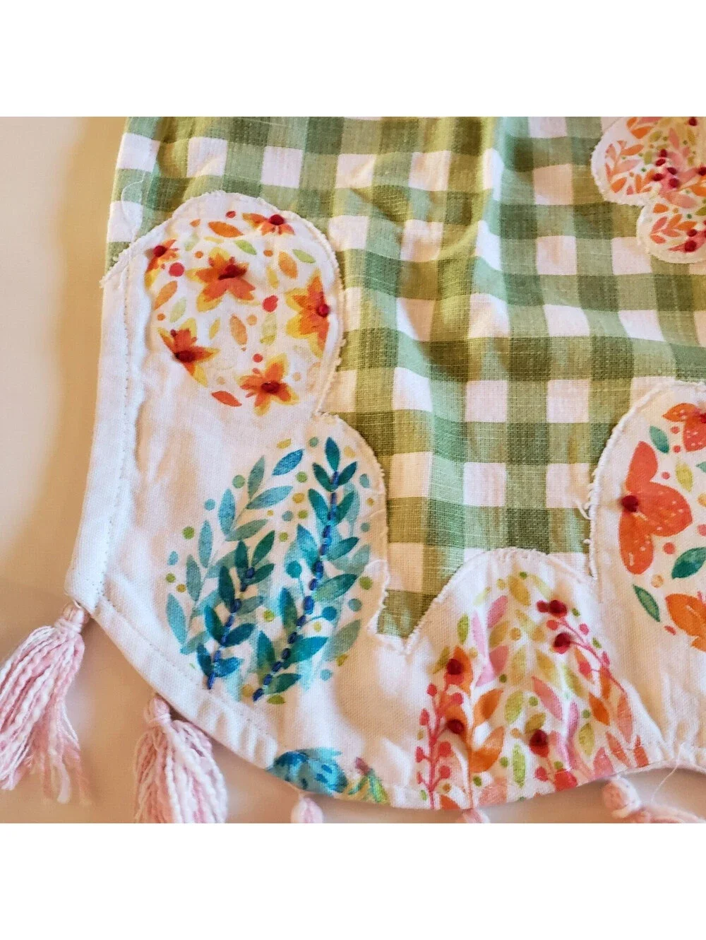 Happy Easter Cotton Bib Apron Green Check Pink Trim Embroidered Kitchen Cook